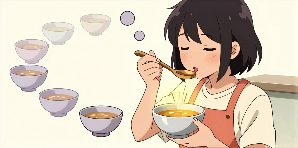比喩: 味噌汁を何度も味見して調整する若い料理人 = 記事の「味見の回数＝データ」「舌と手にパターンが蓄積」
コントラスト: 今の1杯だけが金色に輝く vs 過去の4杯が薄紫で沈む = 回数を重ねた末に「正解に近いパターン」だけが残る
読者の発見: 目先に金色の1杯と、薄く消えていく4杯の差 → 「何度も試して、1つに絞り込む」＝機械学習の本質