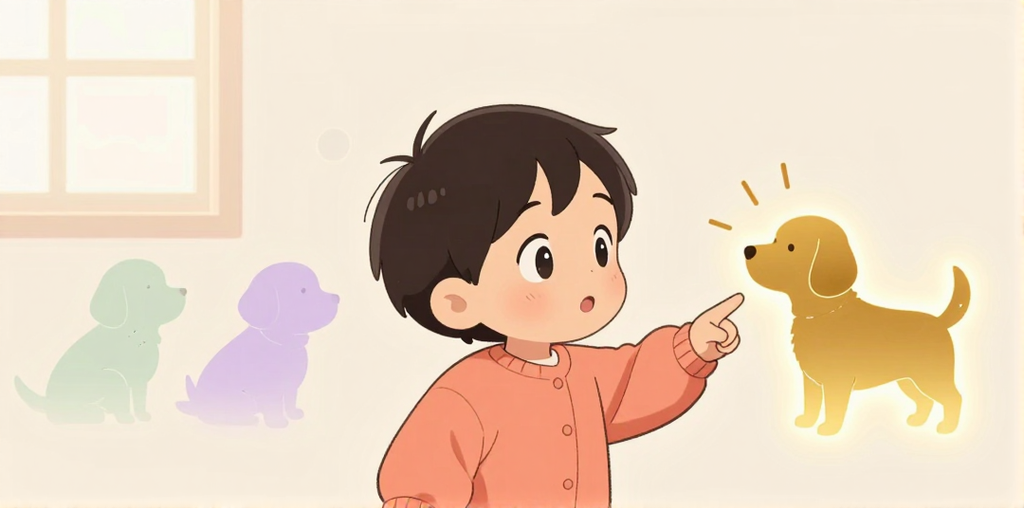 比喩: 3歳の子供が「犬」を初めて認識する瞬間 = 多層ネットワークが層ごとにパターンを拾い上げる学習過程
コントラスト: 左2つの曖昧な線・塊（50〜70%不透明度） vs 右の金色に輝く犬のシルエット = 層が深まるほど曖昧さが解け、最終層で「犬だ」と決定的に認識される
読者の発見: 子供が指を伸ばして見ている金色の「犬」に目がいく → 前のぼやけた線や塊は「層1・層2」= 階層的学習で曖昧な入力が段々と明確な認識になる