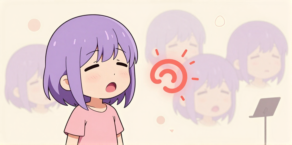 比喩: 歌手1体 = 記事の「何十曲も歌い込んだ歌手」／ 口から出る1つのループ = 「同じ1曲のサビしか出ない」
コントラスト: 鮮明なコーラル1つ（繰り返して出る）vs 5つの褪せたラベンダー（覚えているのに出せない曲）= 出力の種類が1に潰れる
読者の発見: 口から出る「同じ1つ」が光って、周りが全部薄くなっている → 多様性が失われた = Mode Collapse