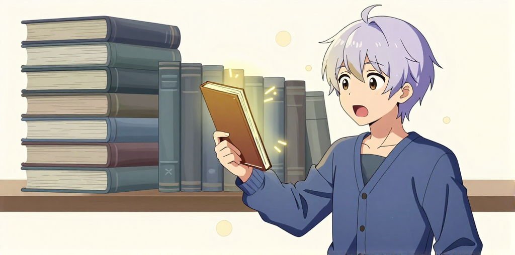 比喩: 百科事典20巻 → ポケットに入る文庫本1冊 ＝ 32bitモデル → 量子化後モデル（記事の比喩をそのまま使用）
コントラスト: 金色に光る小さい文庫本（量子化後のモデル） vs 半透明に沈んだ20巻の硬表紙（元の32bitモデル）＝「同じ内容、1/20の重さ」
読者の発見: 小さい本だけが金色に輝いてポケットから出てくる → 知識はそのままなのに1/20に圧縮された ＝ 量子化